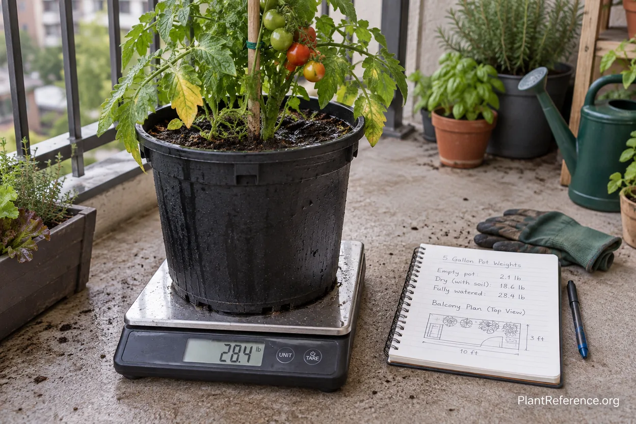 Fully watered container weighed before placement on a balcony
