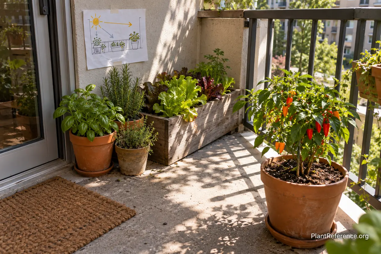 Peppers and lettuce placed in different balcony sunlight zones