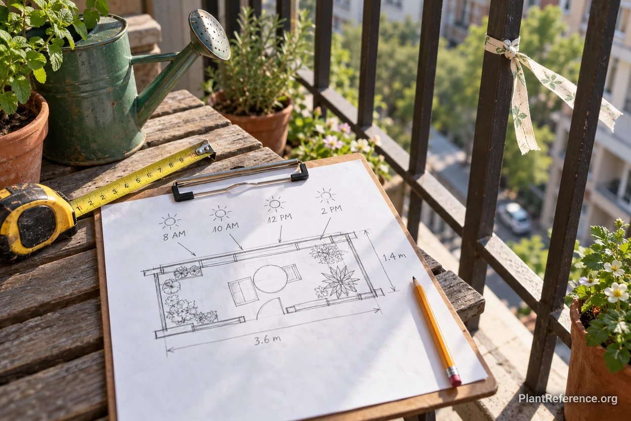 Balcony garden planning notebook with hourly sun and wind notes