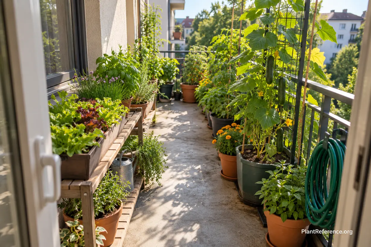 Vegetable containers arranged on a balcony with clear access and secured trellis