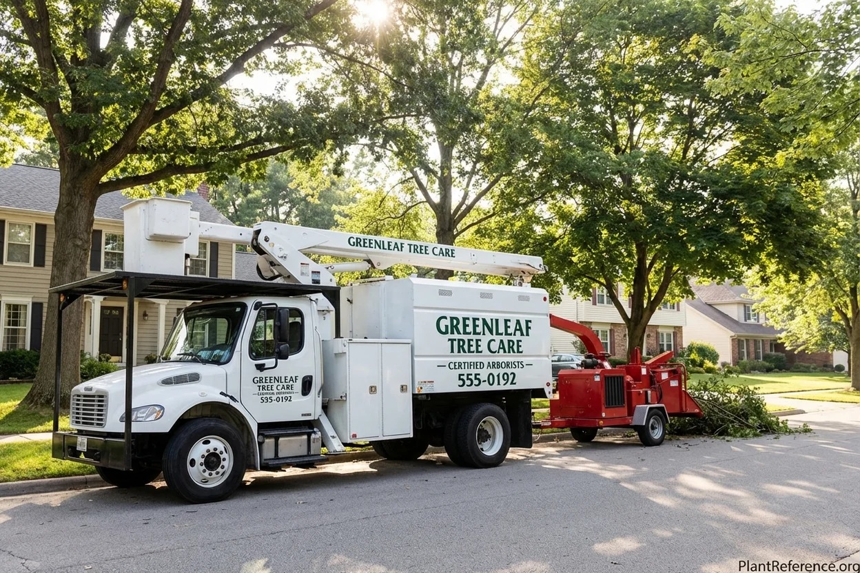 Tree service bucket truck and wood chipper representing commercial auto insurance coverage needs
