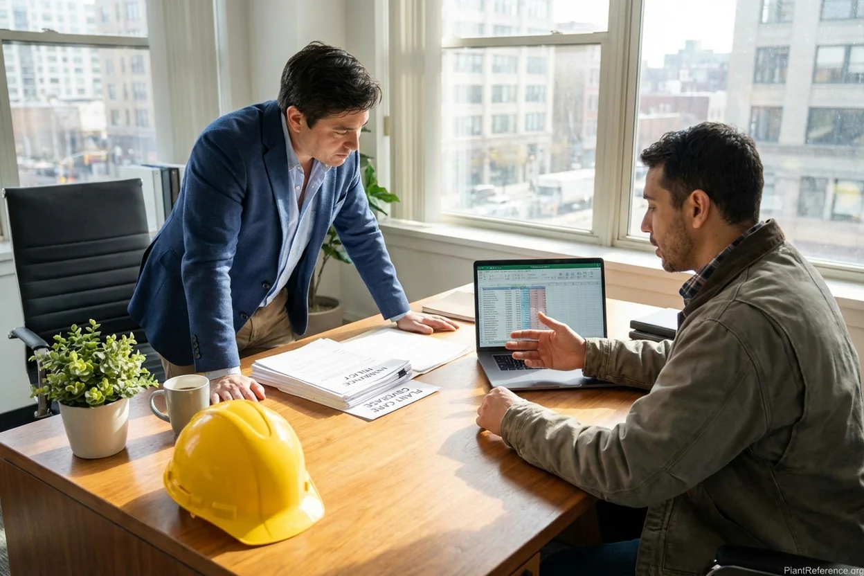 Arborist reviewing insurance policies with specialized broker for tree care business coverage