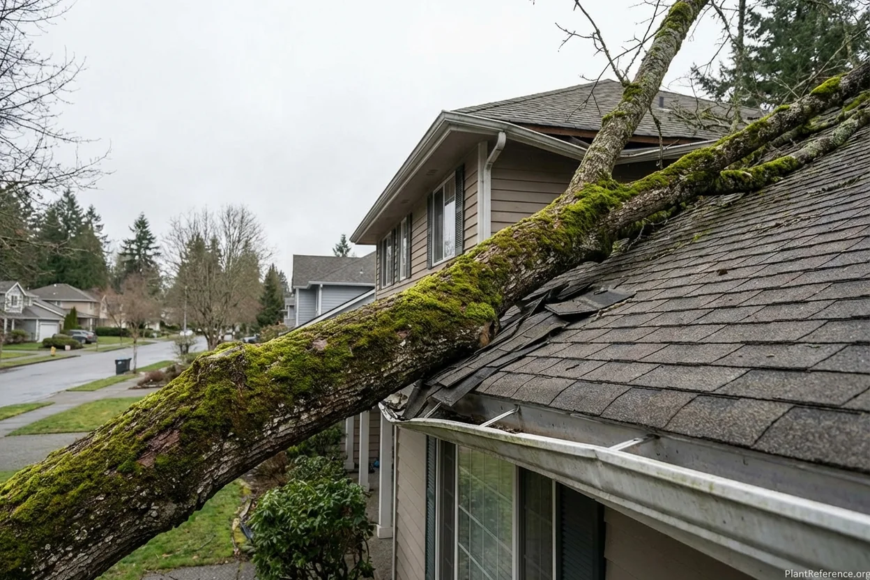 Tree limb damage to residential roof representing a general liability insurance claim scenario