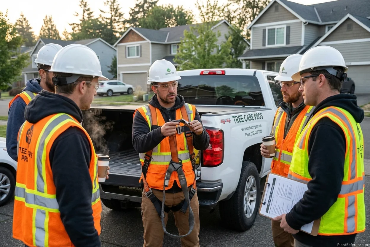 Tree service crew conducting safety meeting with harness inspection for workers compensation compliance