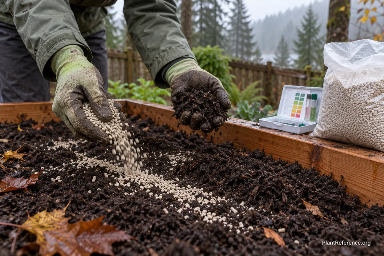 Amending a raised bed with lime and compost for cool-season vegetables in Pacific Northwest garden