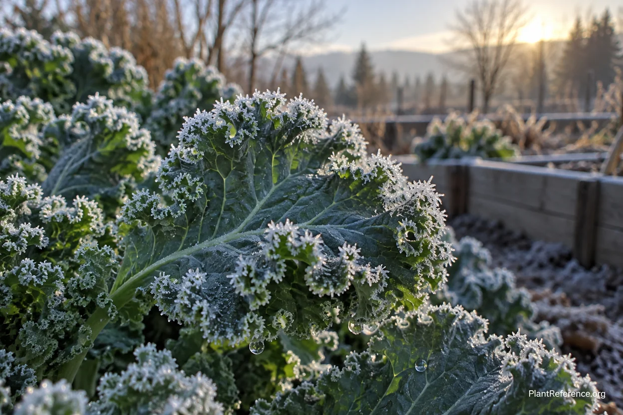 Frost-covered kale leaves in Pacific Northwest winter garden showing cold-sweetened growth