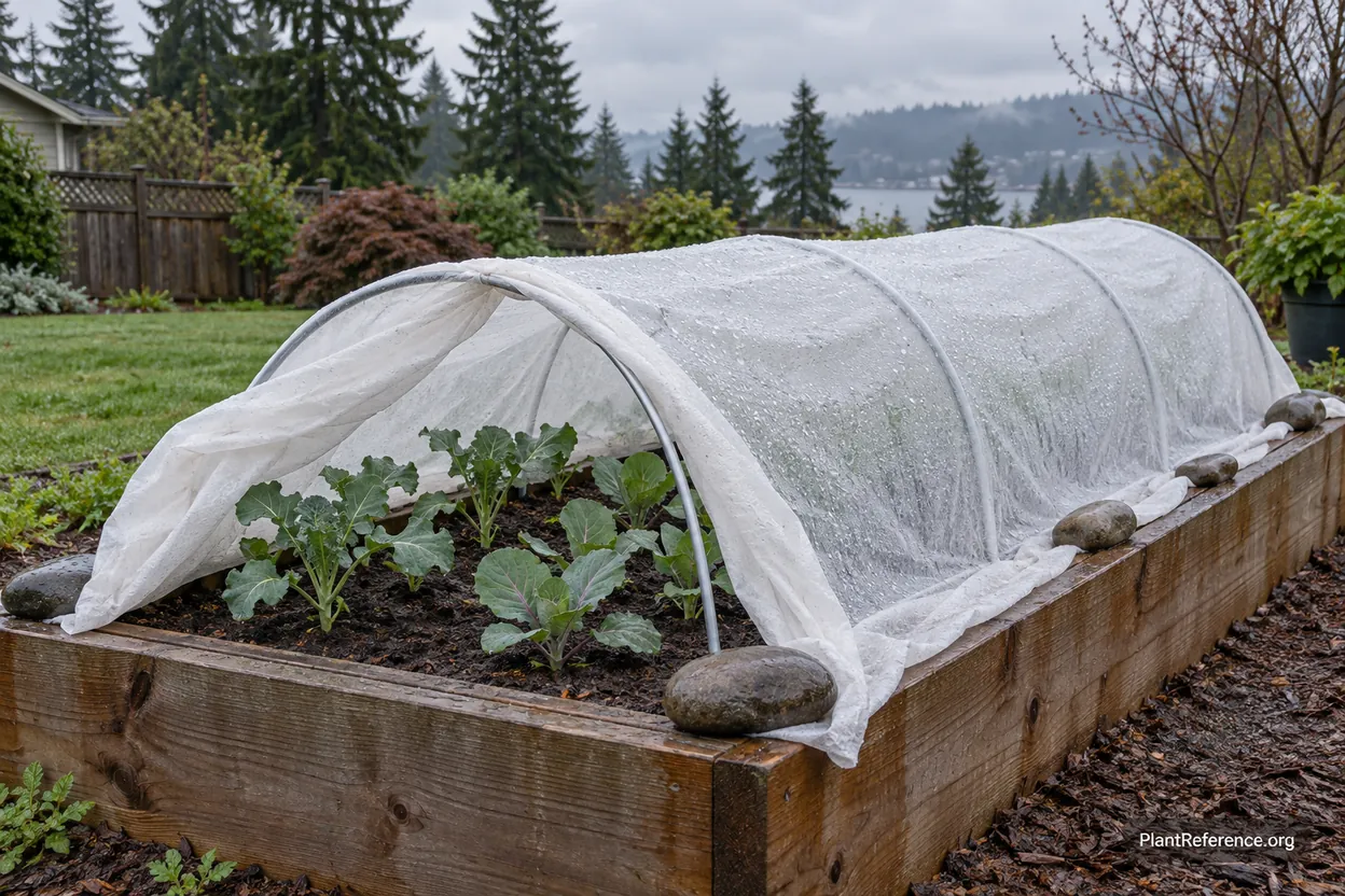 Floating row cover protecting brassica seedlings from pests in a Pacific Northwest garden