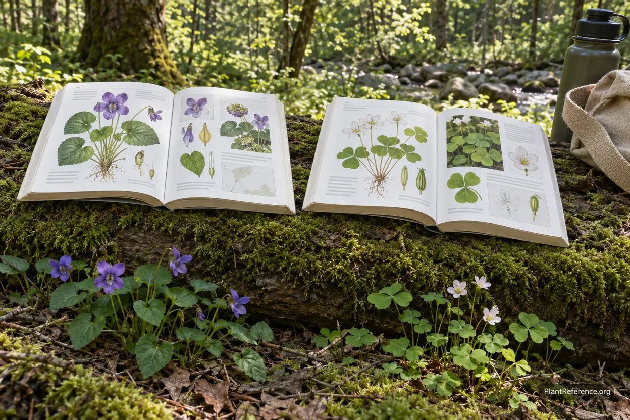 Two foraging field guides compared side by side on a log with wild edible plants growing nearby