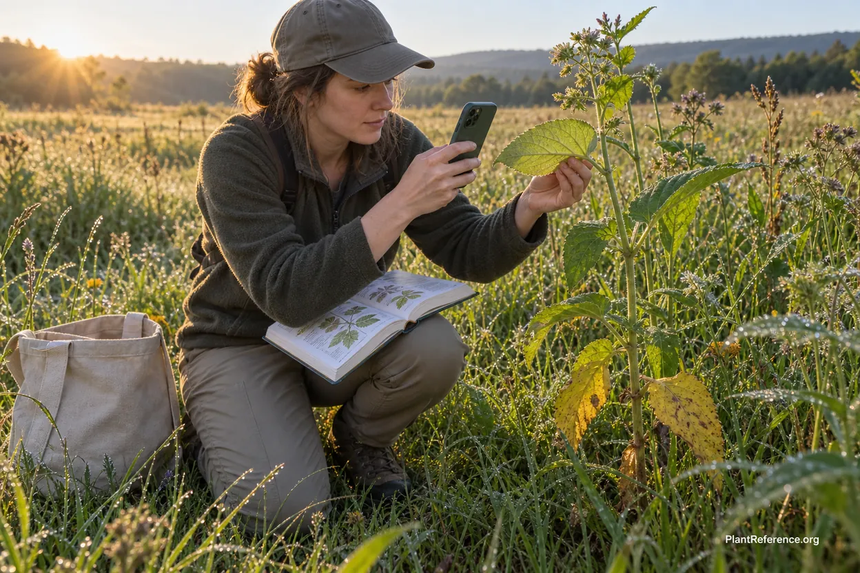 Forager photographing a wild plant's leaf and stem detail while holding an open field guide for safe identification