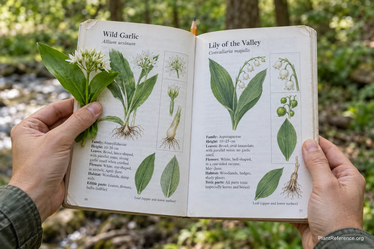 Foraging field guide open to a page comparing an edible wild plant with its toxic lookalike