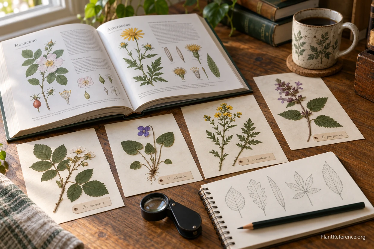 Plant family botany guide open beside pressed wild plant specimens for foraging study