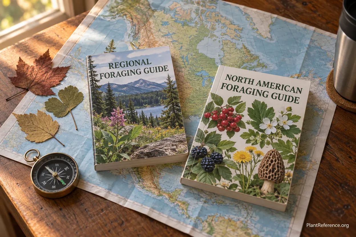 Regional and national foraging field guides laid on a map showing why both are worth owning
