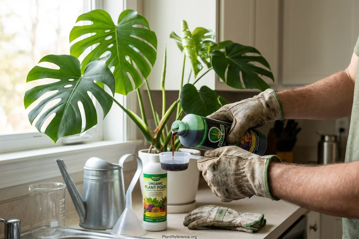 Applying liquid fertilizer to monstera deliciosa with proper measuring technique