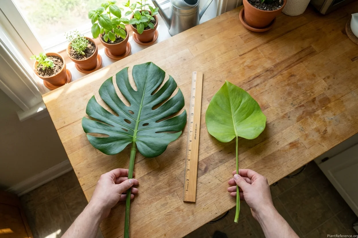 Monstera leaf size comparison showing fertilizer impact on growth and fenestration development