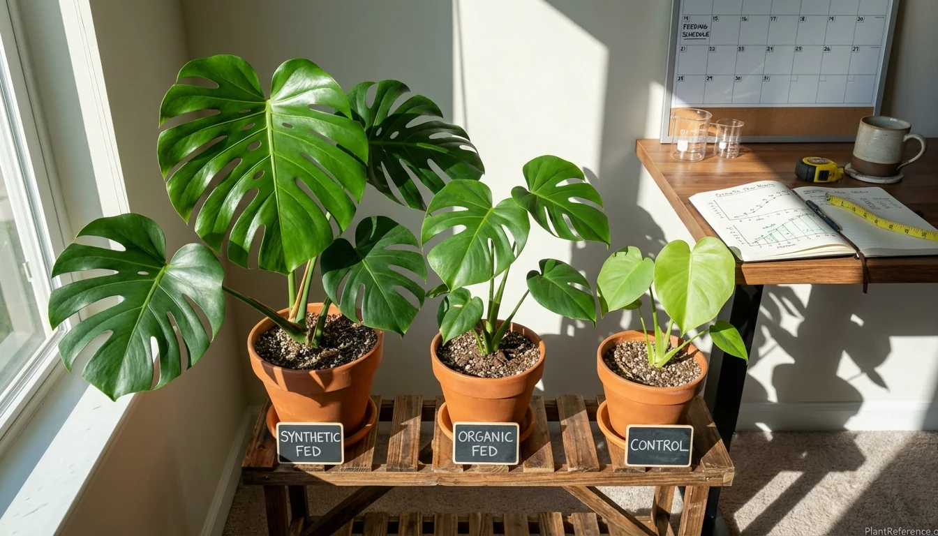 Monstera fertilizer testing results showing plant growth differences after 4 months of organic versus synthetic feeding