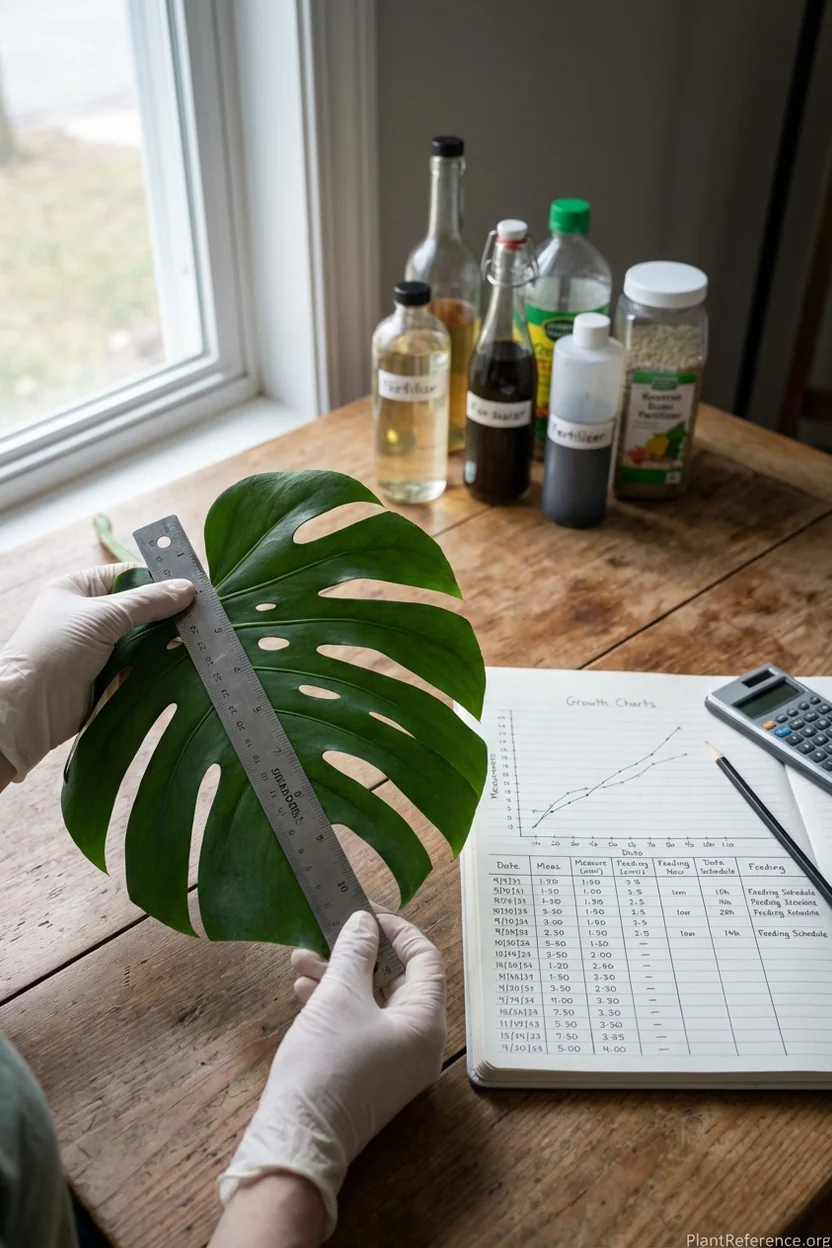 Scientific measurement of monstera leaf growth during fertilizer testing with data recording