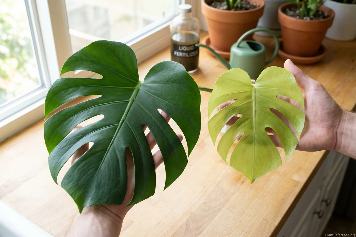 Monstera leaf showing nitrogen deficiency yellowing compared to healthy fertilized leaf