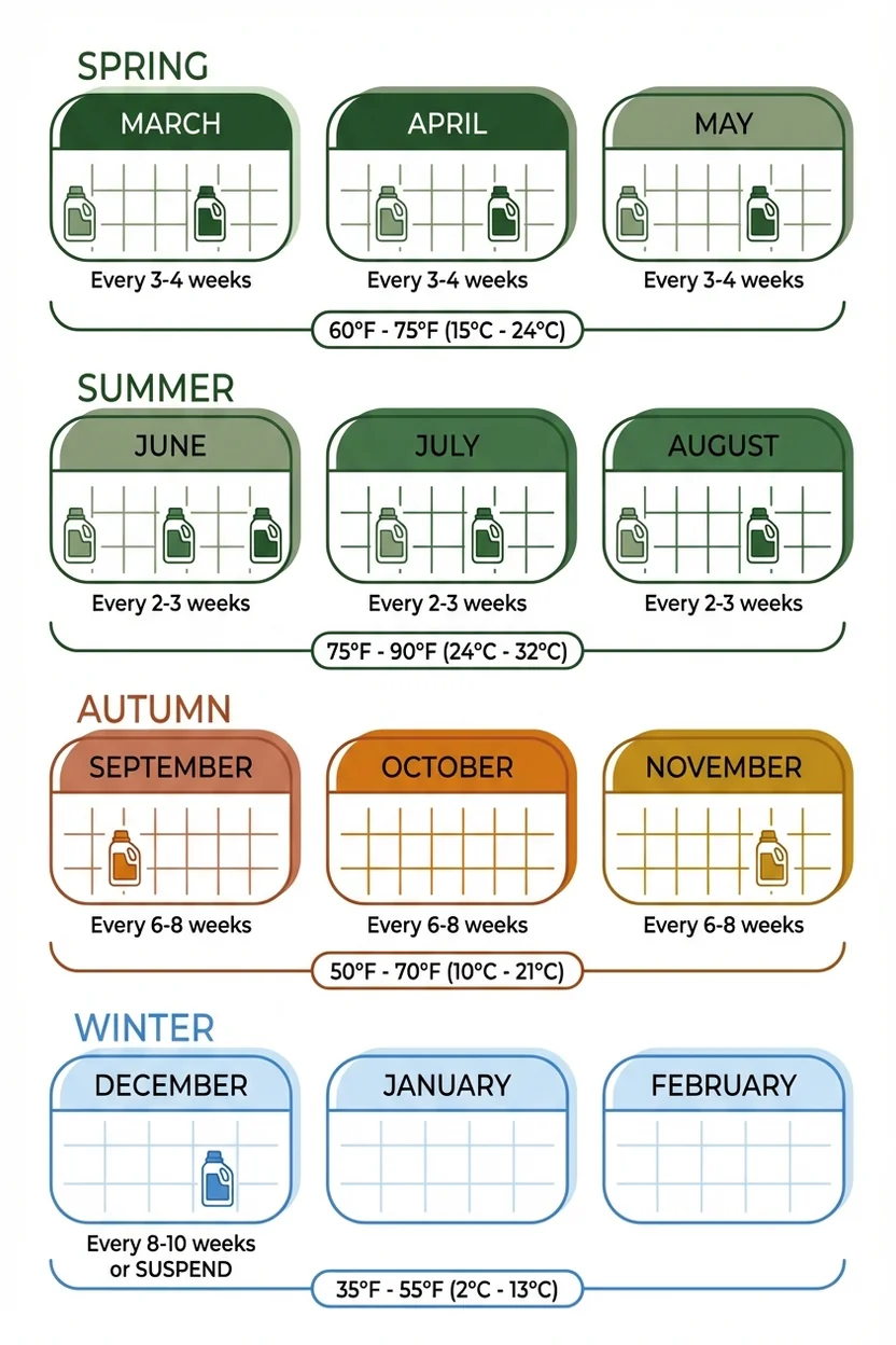 Seasonal fertilizer schedule calendar for monstera showing optimal feeding frequency by month