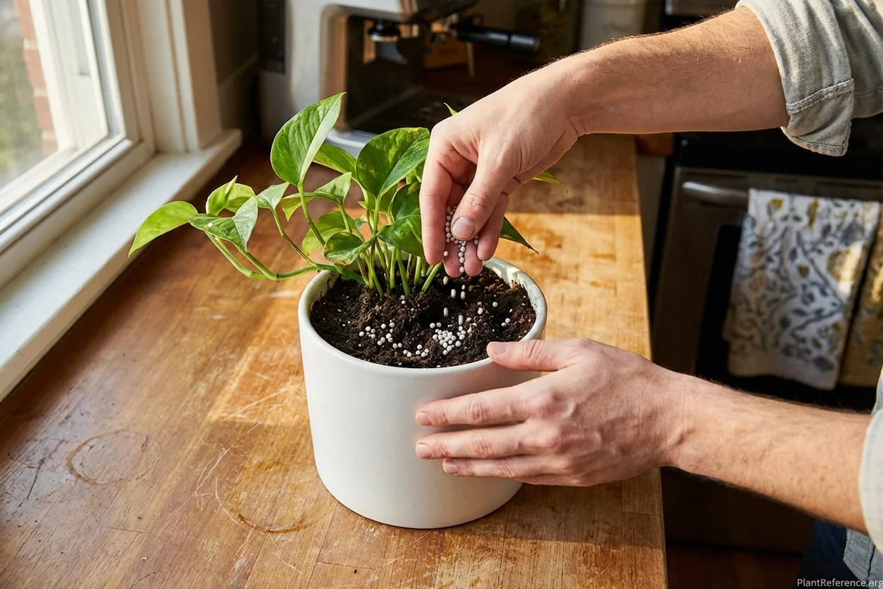 Person's hands sprinkling slow-release fertilizer granules onto soil surface around pothos plant base