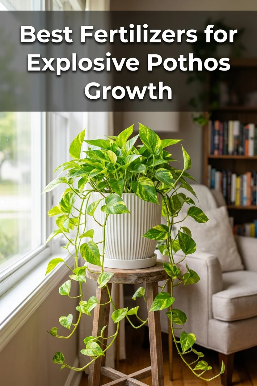 Pinterest pin showing pothos growth comparison with fertilizer recommendations and care tips