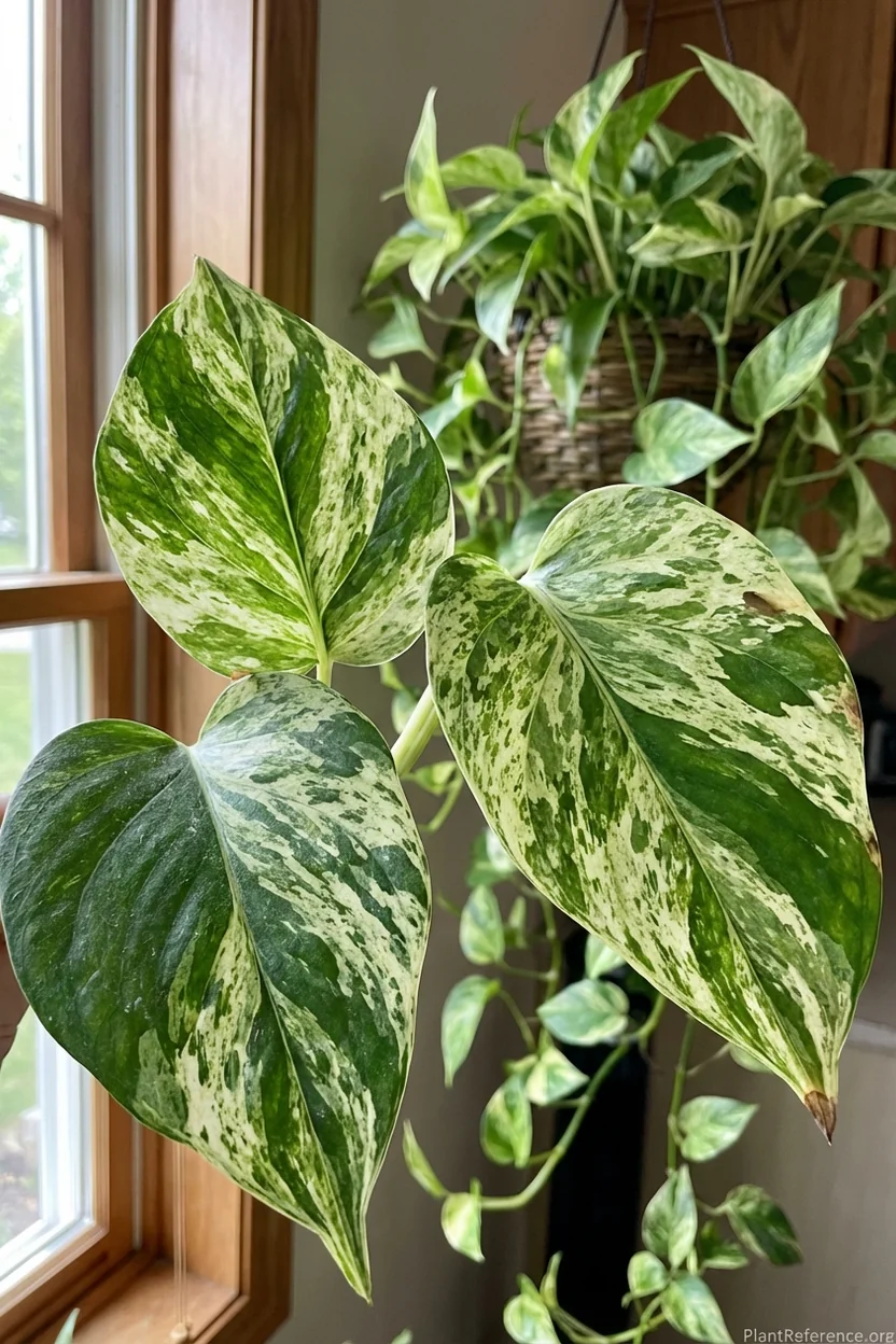 Close-up of marble queen pothos leaves showing vibrant white and green variegation after organic fertilizer treatment