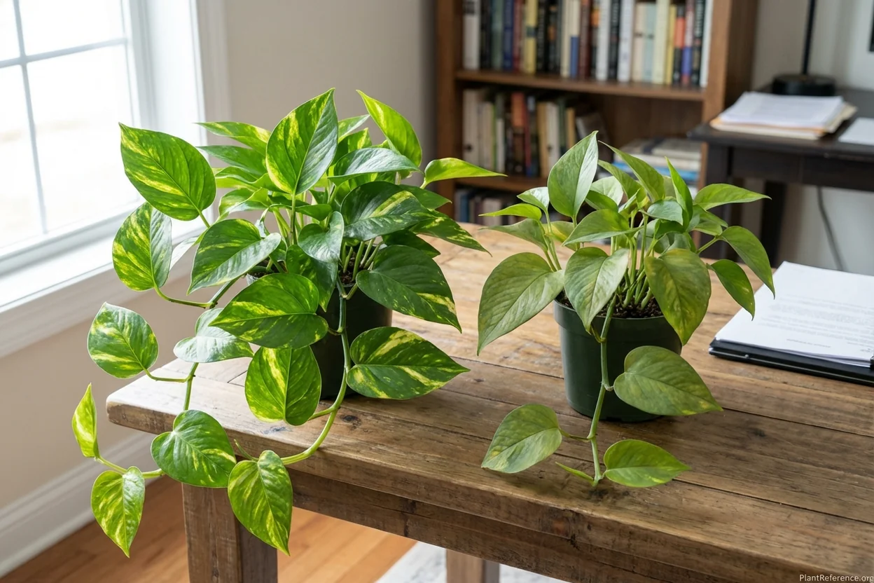 Two golden pothos plants side by side showing dramatic difference between fertilized and unfertilized growth after 3 months