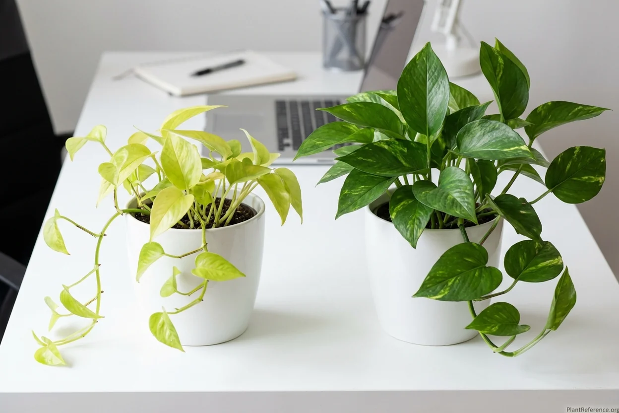 Side-by-side comparison showing overfertilized pothos with pale weak leaves versus properly fertilized plant with vibrant growth