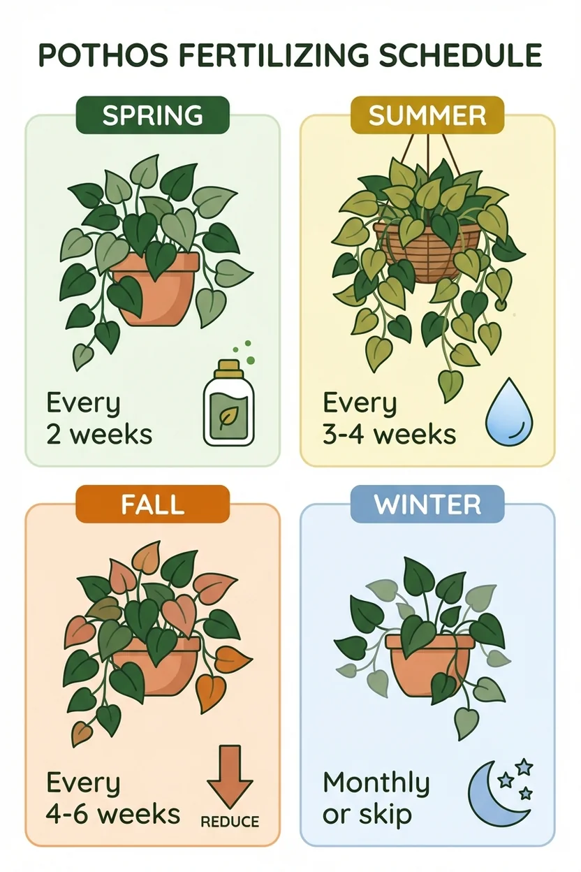 Visual calendar showing when and how often to fertilize pothos plants throughout the four seasons