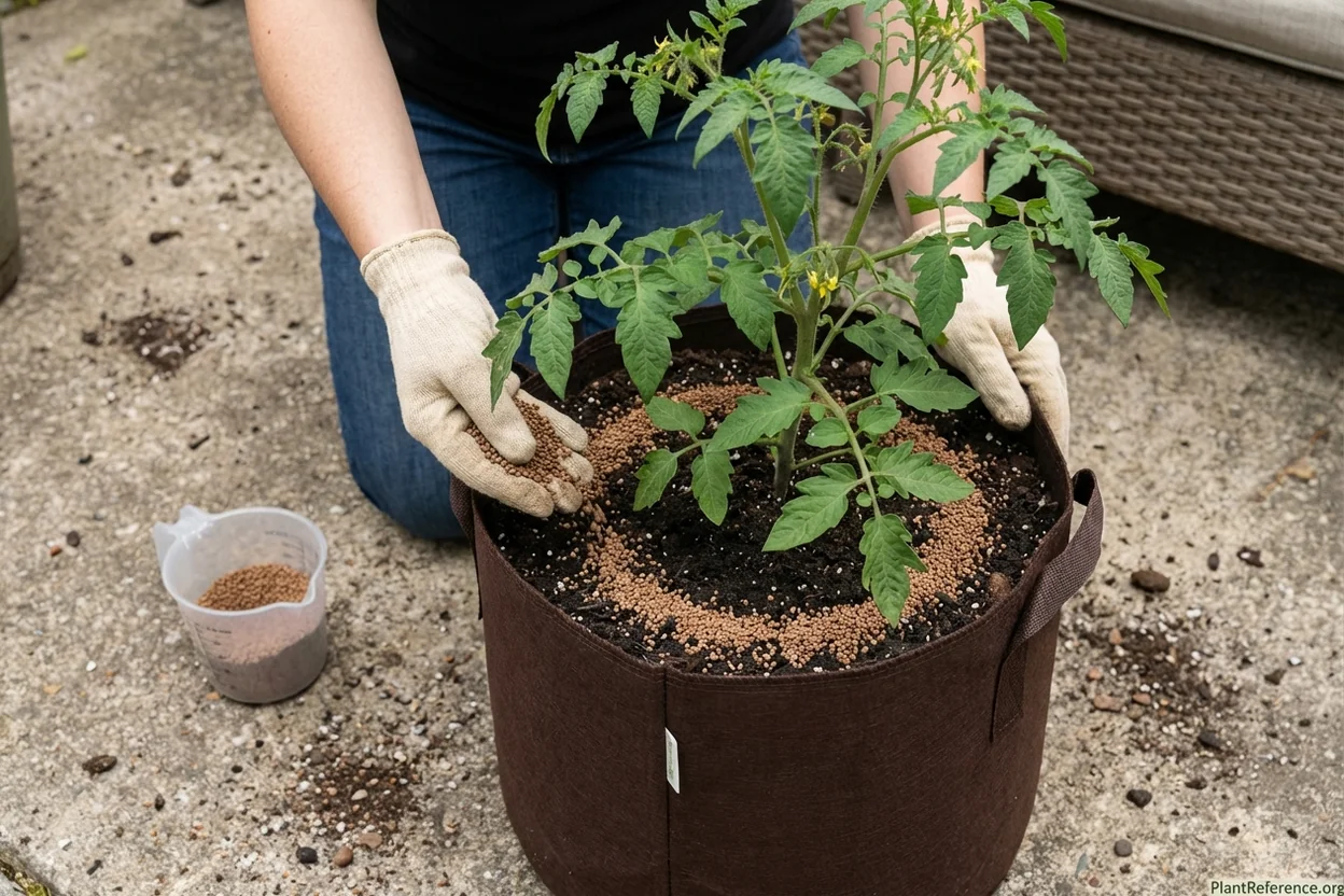 Proper technique for applying granular fertilizer to container tomatoes showing even distribution