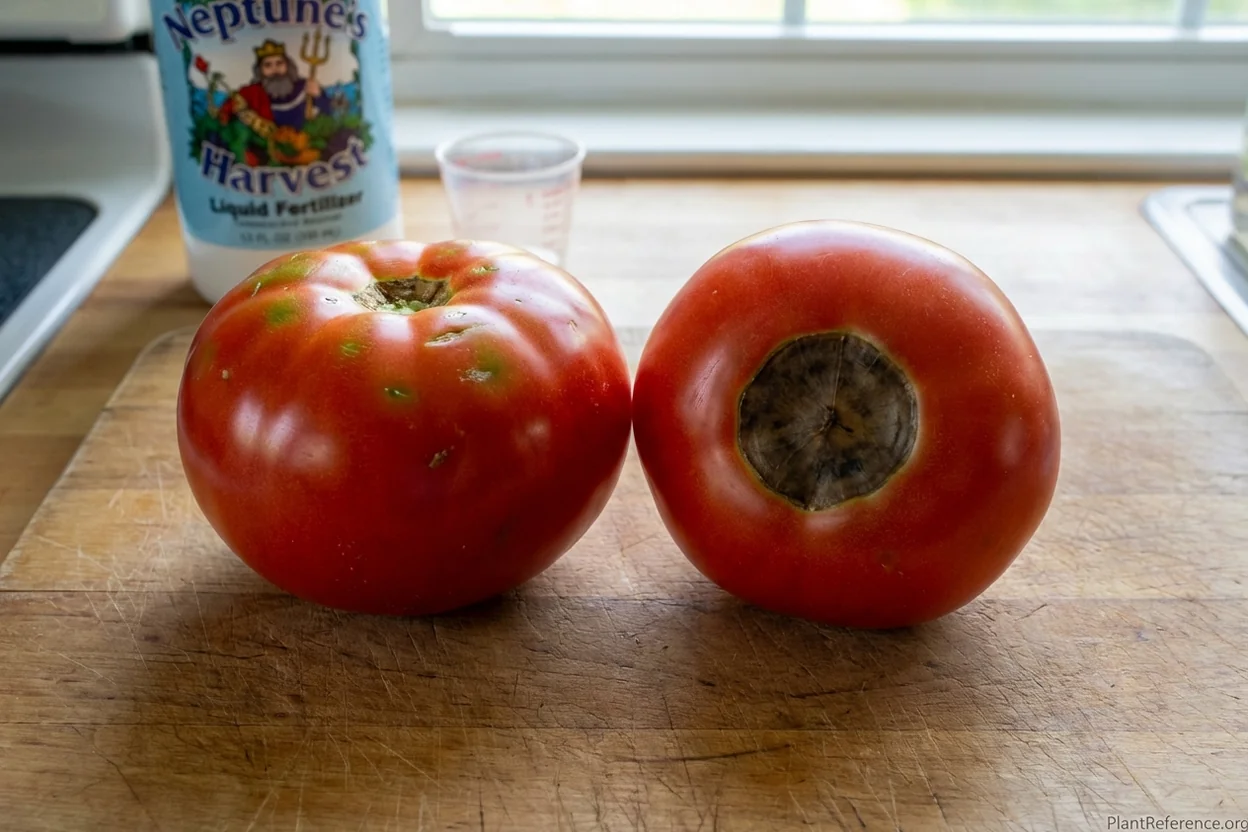 Healthy container tomato next to tomato with blossom end rot showing calcium deficiency symptoms