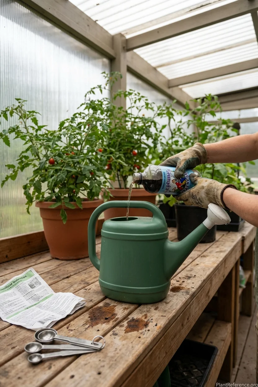 Proper technique for mixing liquid fertilizer for container tomatoes showing measurement and dilution