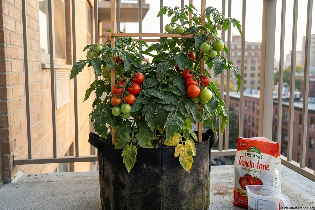 Container tomato plant with heavy fruit load from organic fertilizer showing healthy growth
