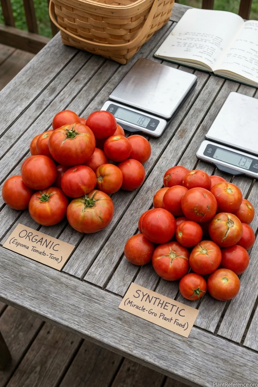 Tomato harvest comparison showing different yields from organic vs synthetic fertilizers
