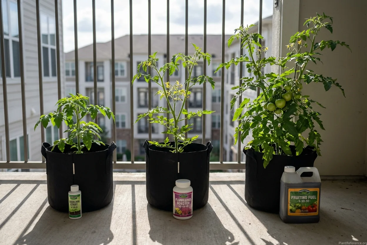 Container tomato plant growth stages showing proper fertilizer timing from transplant to harvest