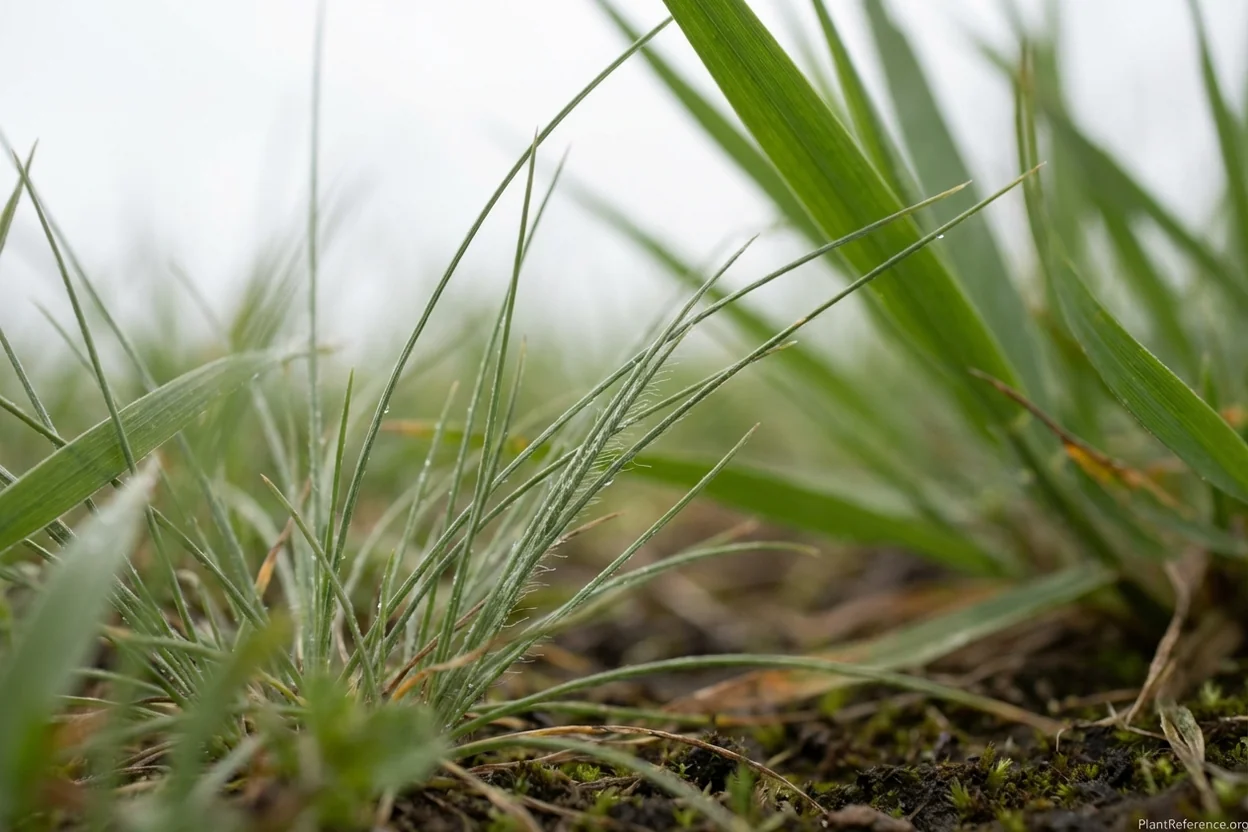 Close-up of fine fescue narrow needle-like grass blades showing fine texture for shade tolerance