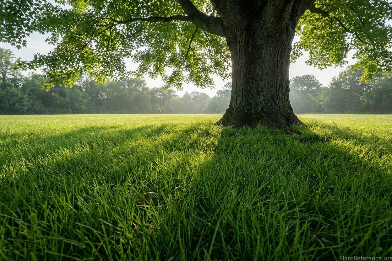 Dense healthy fine fescue lawn growing under a mature maple tree showing successful shade grass establishment