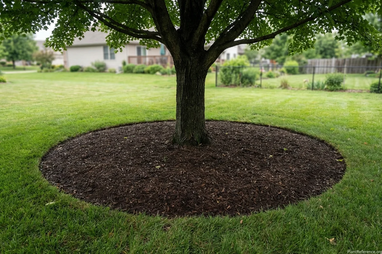 Well-maintained mulch ring around mature tree base as an attractive alternative to grass in deep shade