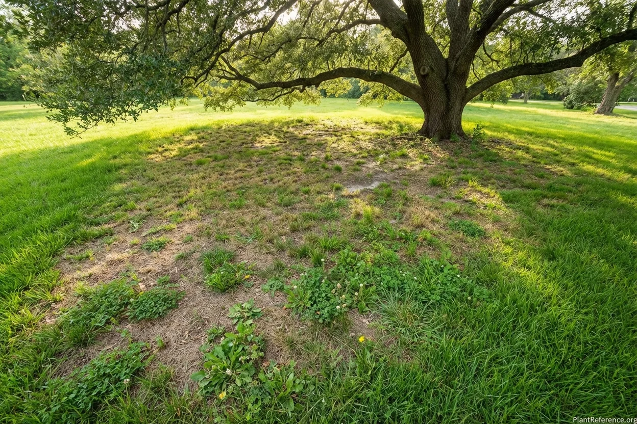 Thin patchy Kentucky bluegrass lawn struggling under a mature oak tree canopy from shade stress