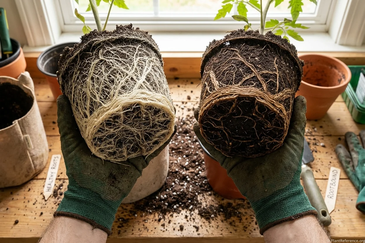 Fabric grow bag roots vs plastic container roots showing air pruning benefits for tomatoes