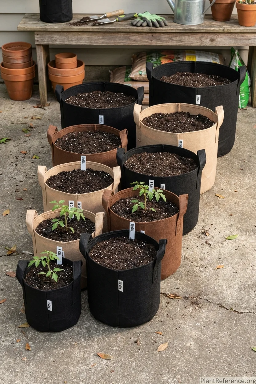 Fabric grow bag size comparison from 3 gallon to 20 gallon showing scale differences