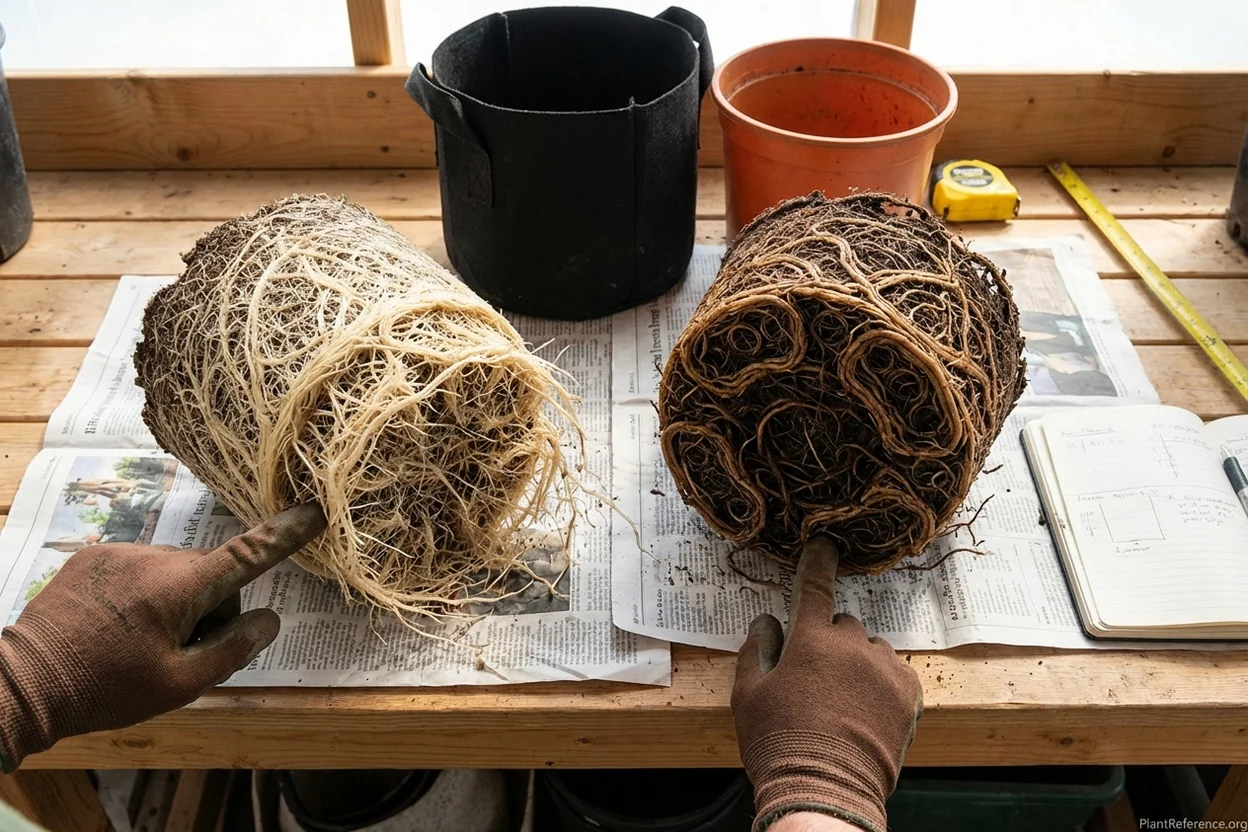 Root system comparison fabric grow bags versus plastic containers showing air pruning benefits