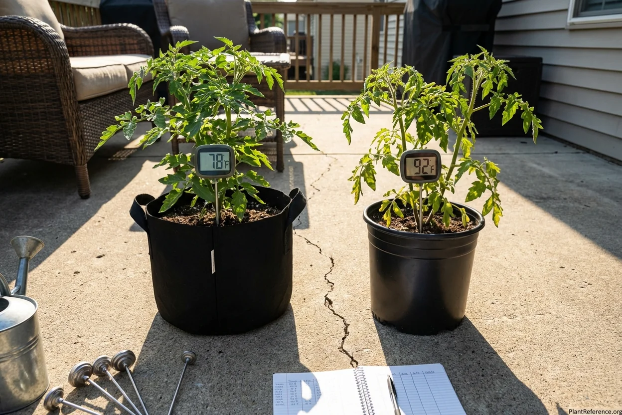 Temperature testing fabric grow bags vs plastic containers showing soil temperature differences