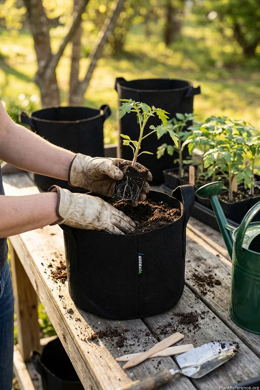 Planting tomato seedling in VIVOSUN grow bag with proper soil depth and technique