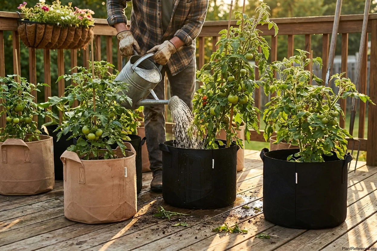 Proper watering technique for tomatoes in fabric grow bags showing even soil saturation