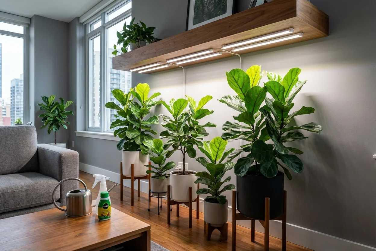 Barrina LED grow light strips mounted under shelf lighting fiddle leaf figs