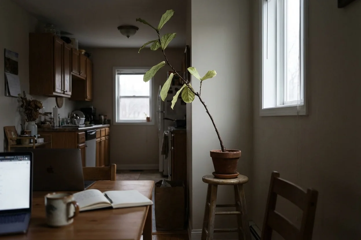 Fiddle leaf fig with leggy growth reaching toward window due to insufficient light