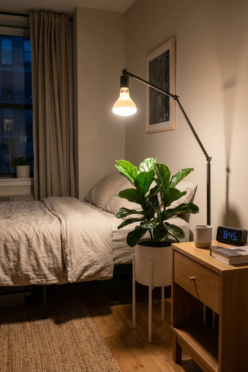GE BR30 grow light bulb installed in floor lamp illuminating fiddle leaf fig