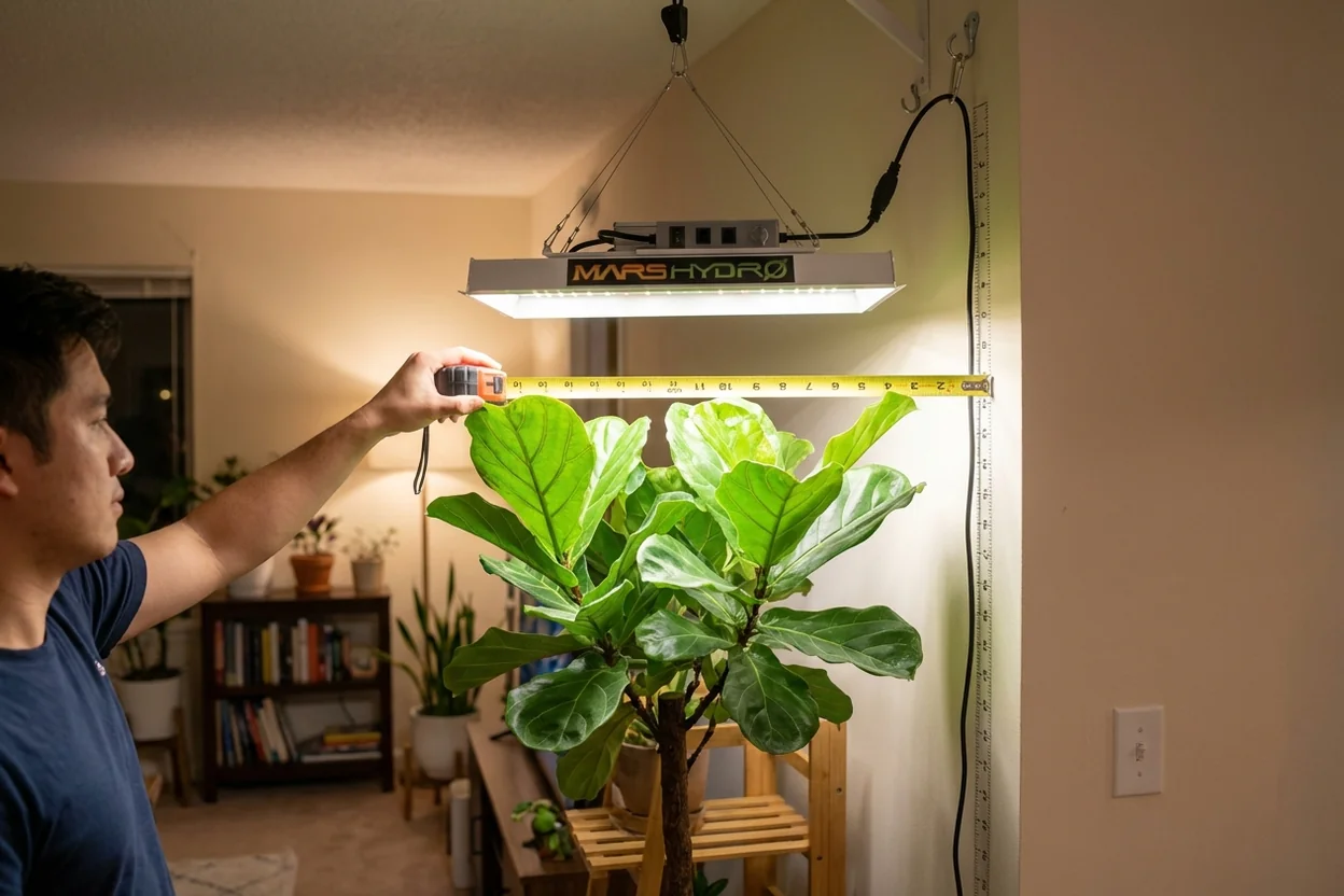 Proper positioning of grow light above fiddle leaf fig showing optimal distance