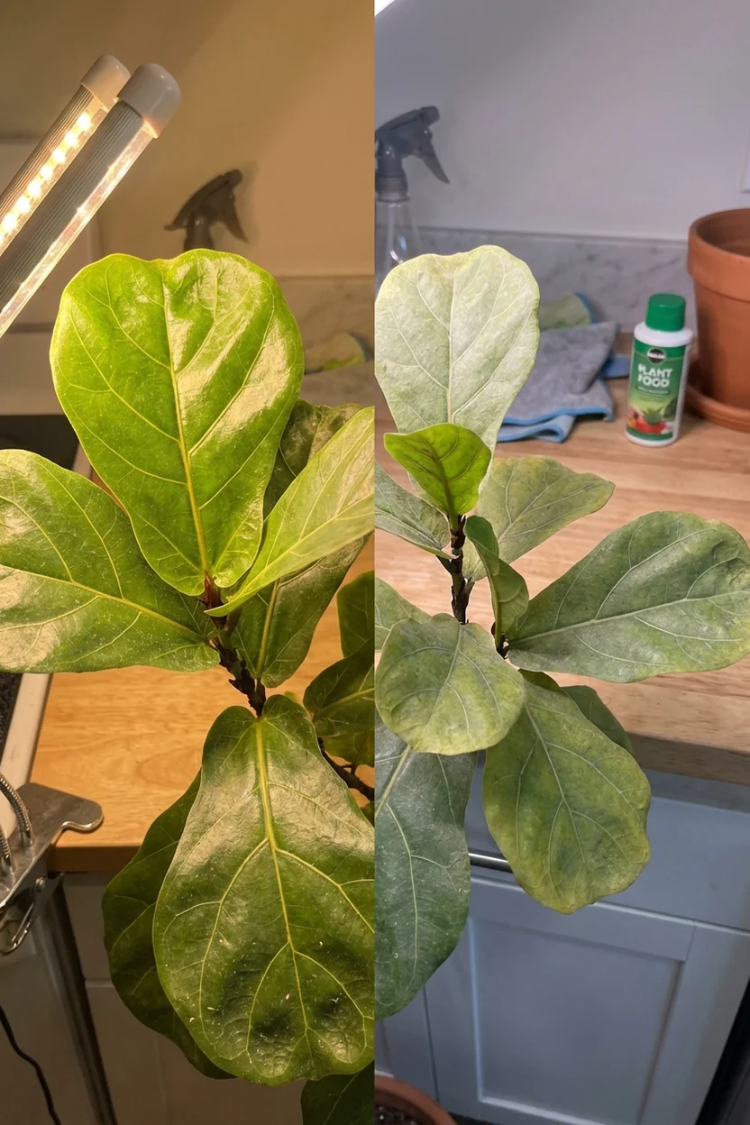 Fiddle leaf fig leaves showing different responses to various grow light spectrums