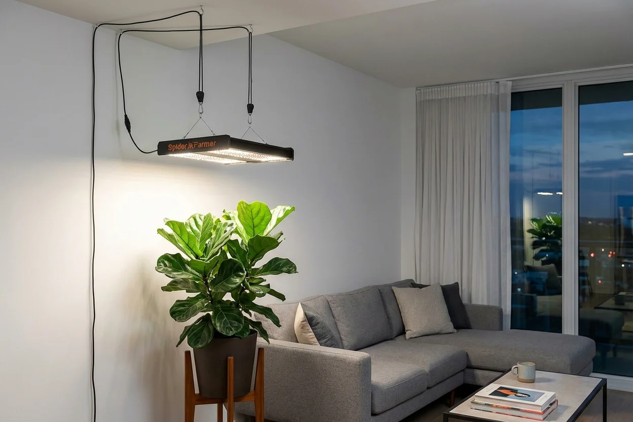 Spider Farmer SE3000 grow light positioned above healthy fiddle leaf fig plant